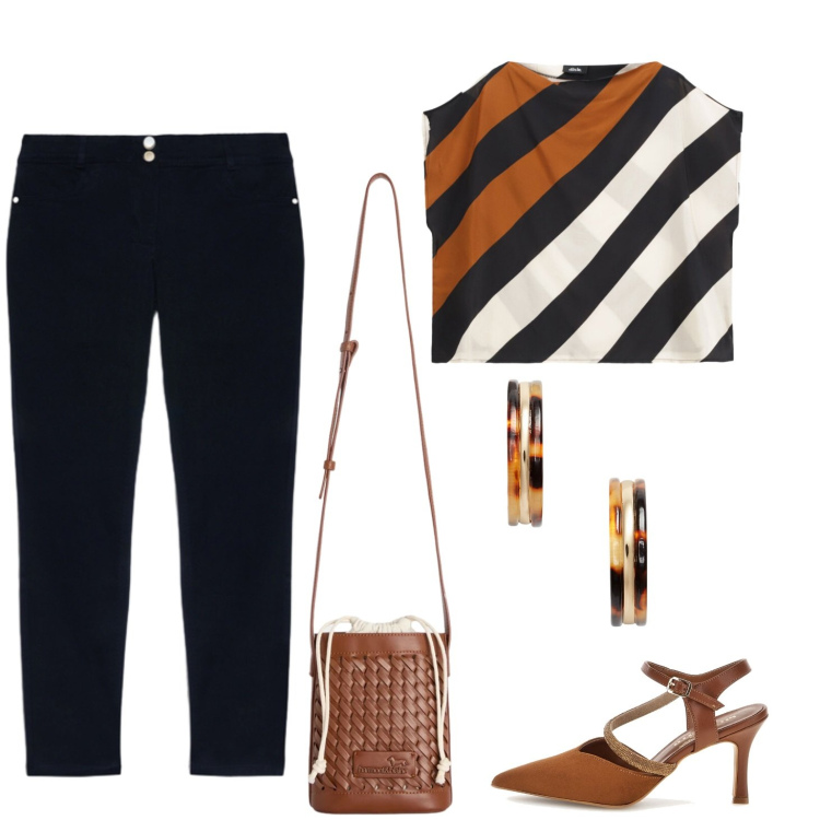 Outfit donna - Blusa a righe e jeans. Stile Casual per Tutti i giorni. Abbinamento con borse a secchiello, bluse, jeans skinny, orecchini, décolleté.
