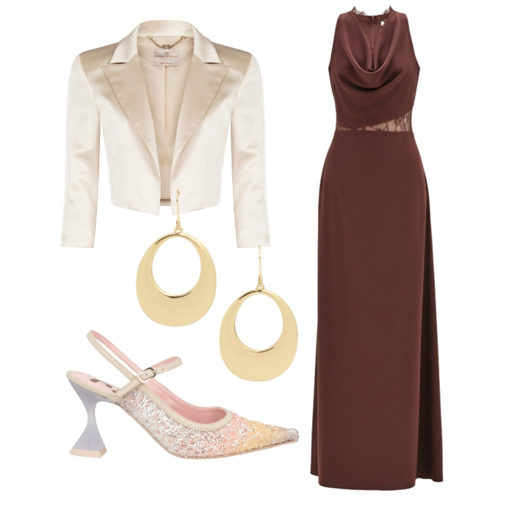 Outfit donna - Total look #2405599. Stile Glamour per Cerimonia. Abbinamento con décolleté, vestiti lunghi, bolero, orecchini.