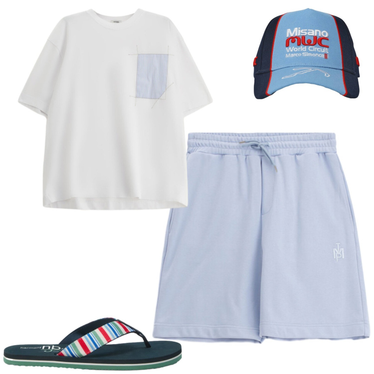 Outfit uomo - Total look #2405601. Stile Casual per Tutti i giorni. Abbinamento con cappelli, t-shirt, bermuda, sandali.