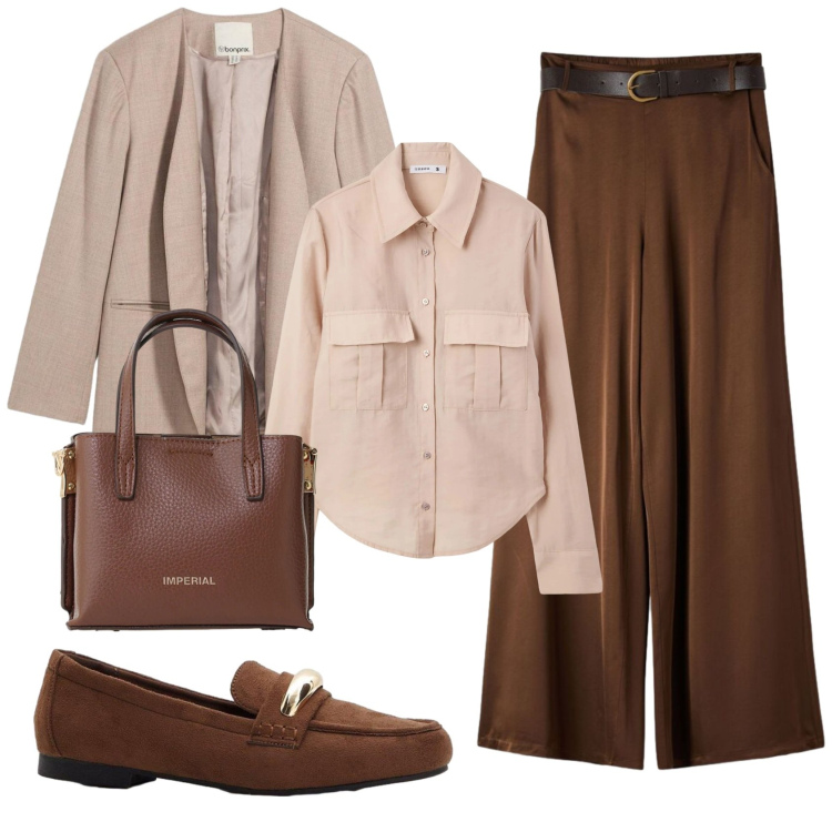 Outfit donna - Total look #2405602. Stile Bon Ton per Ufficio. Abbinamento con mocassini, blazer, camicie, pantaloni, borse a tracolla.