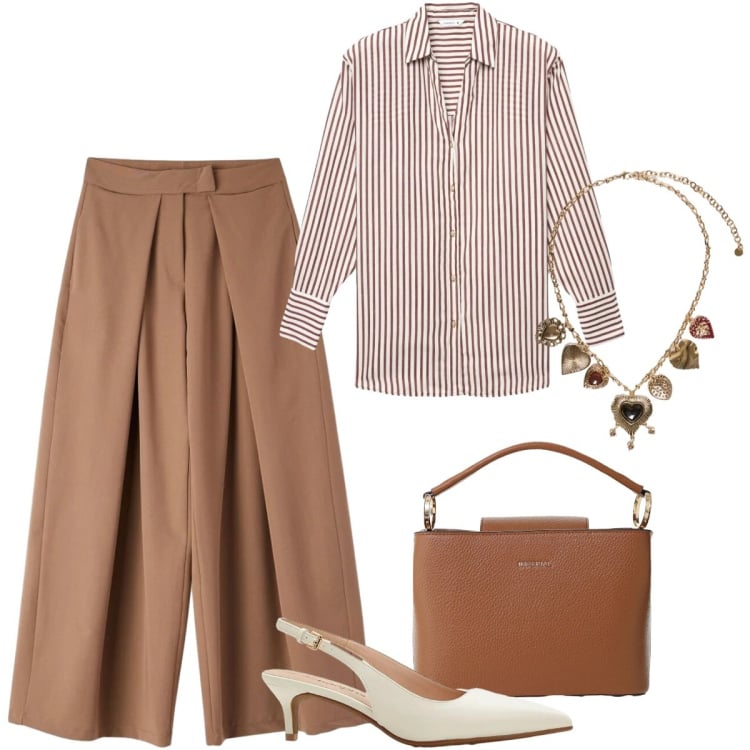 Outfit donna - Total look #2405605. Stile Casual chic per Ufficio. Abbinamento con décolleté, camicie, pantaloni, borse a secchiello, collane.