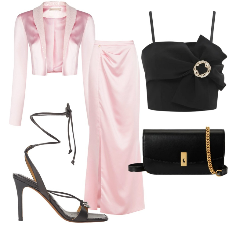 Outfit donna - Total look #2405610. Stile Glamour per Cerimonia. Abbinamento con gonne lunghe, bolero, top, clutch, sandali in pelle.
