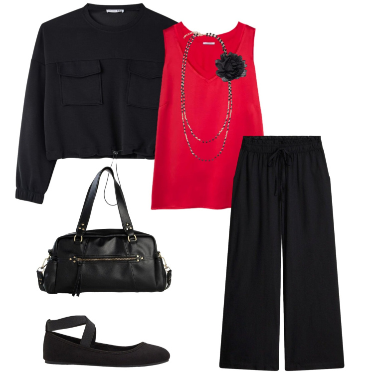 Outfit donna - Uscita tra di noi. per Serata fuori. Abbinamento con ballerine, pantaloni a palazzo, borse a mano, felpe, top, collane.