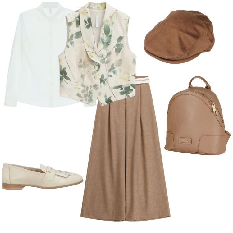 Outfit donna - A lavoro. per Ufficio. Abbinamento con mocassini, cappelli, zaini, gilet, pantaloni a palazzo, camicie.