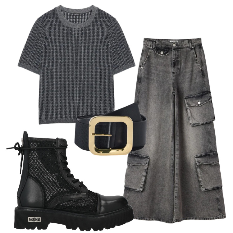 Outfit donna - Total look #2405614. Stile Rock per Tutti i giorni. Abbinamento con anfibi, jeans, maglieria, cinture.