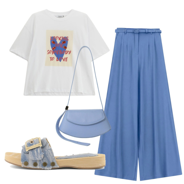 Outfit donna - Total look #2405615. Stile Casual per Tutti i giorni. Abbinamento con pantaloni a palazzo, borse a spalla, t-shirt, ciabatte.