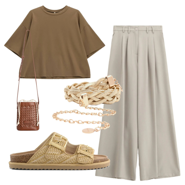 Outfit donna - Total look #2405616. Stile Casual per Tutti i giorni. Abbinamento con cinture, t-shirt, borse a secchiello, pantaloni a palazzo, sandali.