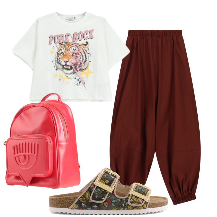 Outfit donna - Total look #2405618. Stile Urban per Scuola/Università. Abbinamento con zaini, pantaloni, t-shirt, ciabatte.