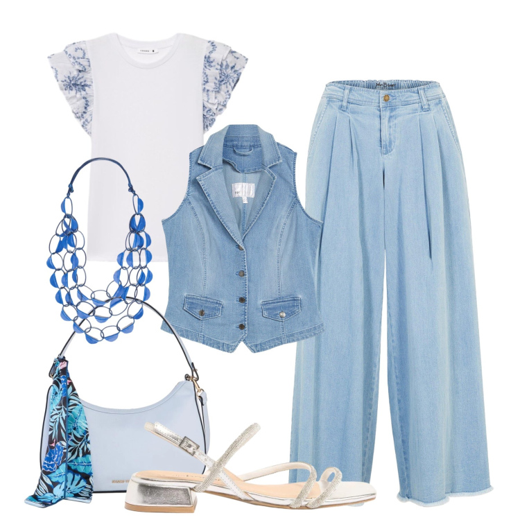 Outfit donna - Muoversi all’aperto con stile. Stile Trendy per Tutti i giorni. Abbinamento con gonne, gilet, sandali, borse a mano, t-shirt, collane.