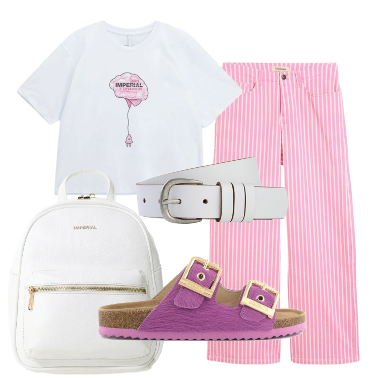 Outfit donna - Total look #2405624. Stile Casual per Scuola/Università. Abbinamento con pantaloni, cinture, t-shirt, zaini, sandali in pelle.