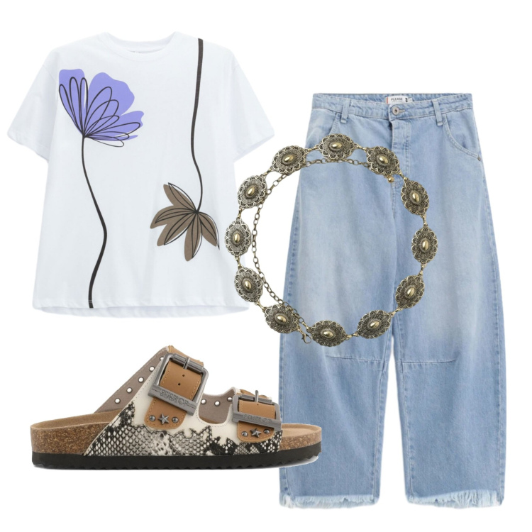 Outfit donna - Total look #2405626. Stile Casual per Tutti i giorni. Abbinamento con cinture, t-shirt, jeans, sandali.