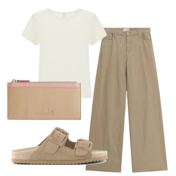 Outfit donna - Total look #2405628. Stile Casual per Tutti i giorni. Abbinamento con portafogli, t-shirt, pantaloni, sandali in pelle.