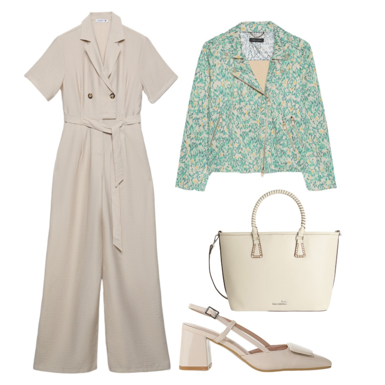 Outfit donna - Biker soft touch floreale. Stile Casual chic per Ufficio. Abbinamento con tute, décolleté, shopping bag, blazer.