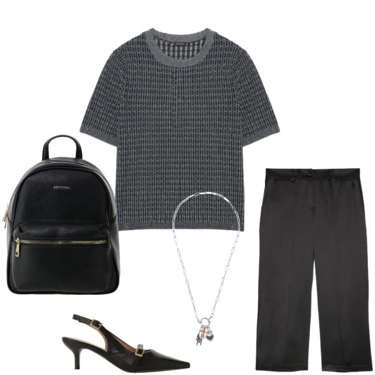 Outfit donna - Total look #2405632. Stile Casual chic per Tutti i giorni. Abbinamento con sandali col tacco, zaini, ciondoli, maglieria, pantaloni.