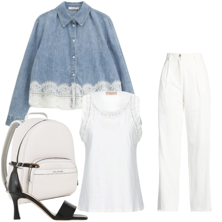 Outfit donna - Total look #2405634. Stile Casual chic per Tutti i giorni. Abbinamento con top, zaini, pantaloni, sandali col tacco, camicie.