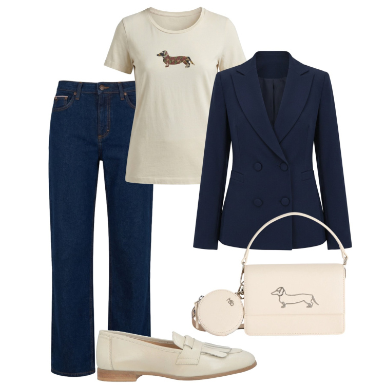Outfit donna - Basica al lavoro. Stile Casual chic per Ufficio. Abbinamento con mocassini, blazer, t-shirt, jeans, borse a tracolla.