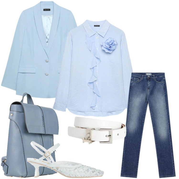 Outfit donna - Total look #2405644. Stile Casual chic per Tutti i giorni. Abbinamento con décolleté, zaini, cinture, jeans, camicie, blazer.