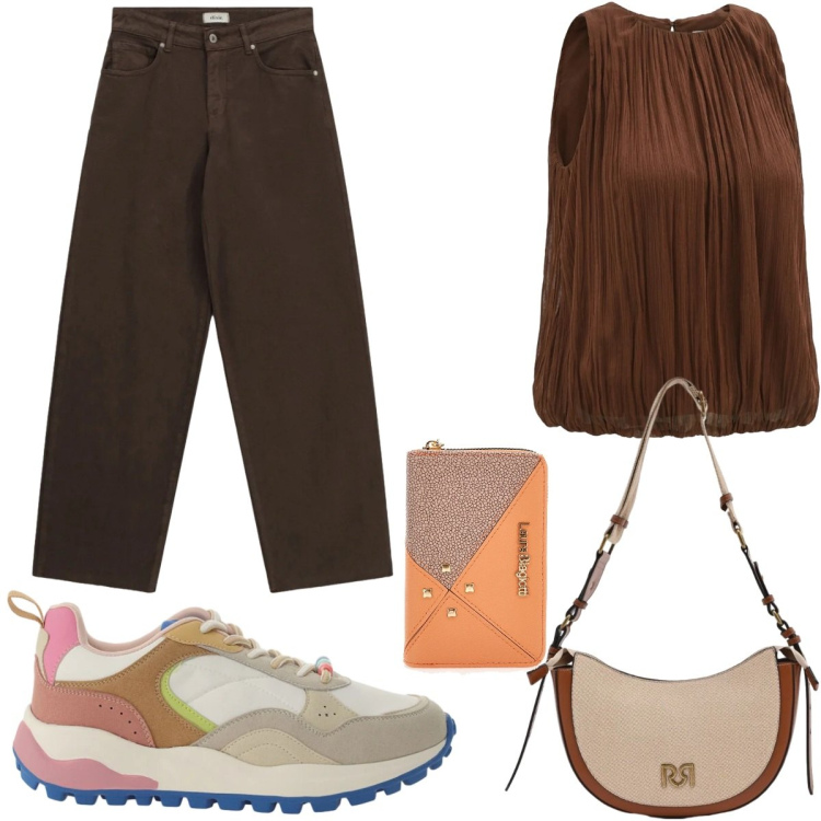 Outfit donna - Marrone cioccolato. Stile Casual chic per Ufficio. Abbinamento con bluse, borse a tracolla, sneakers, jeans, portafogli.