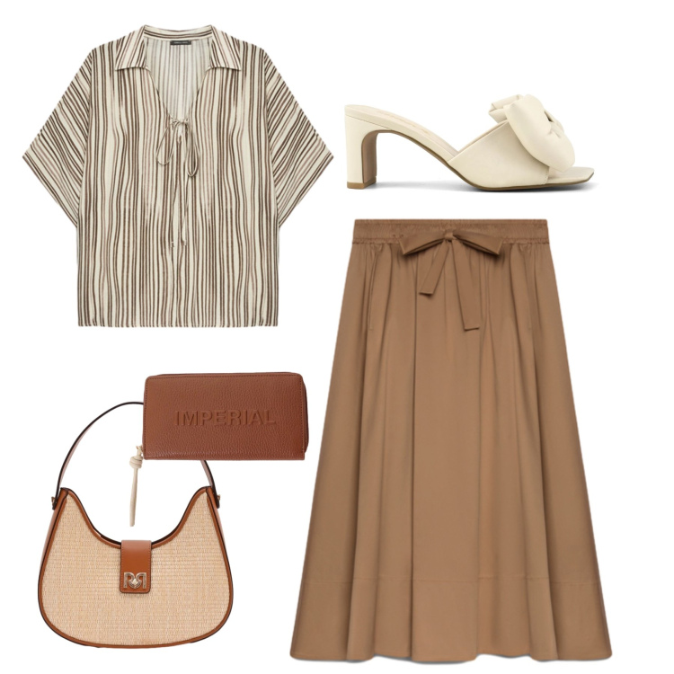 Outfit donna - Passeggiata con le amiche. Stile Trendy per Tutti i giorni. Abbinamento con borse a spalla, portafogli, gonne lunghe, bluse, sandali col tacco.