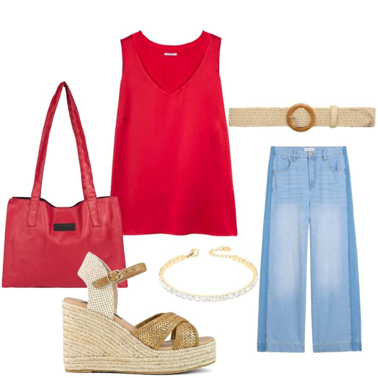 Outfit donna - Total look #2405647. Stile Casual chic per Tutti i giorni. Abbinamento con jeans, cinture, top, shopping bag, braccialetti, zeppe.