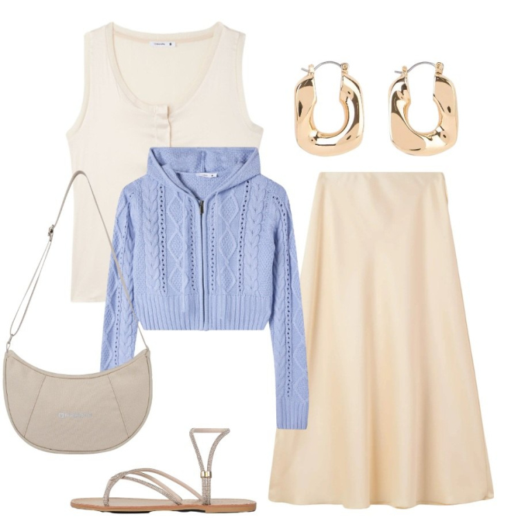 Outfit donna - Total look #2405648. Stile Casual chic per Tutti i giorni. Abbinamento con orecchini, gonne lunghe, cardigans, sandali, canottiere, borse a spalla.