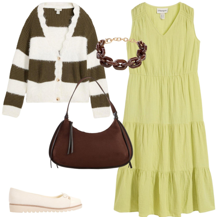 Outfit donna - Casual e femminile. Stile Casual chic per Tutti i giorni. Abbinamento con vestiti, borse a tracolla, cardigans, ballerine, braccialetti.