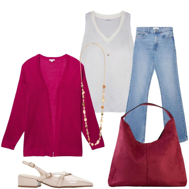 Outfit donna - Total look #2405650. Stile Casual chic per Ufficio. Abbinamento con décolleté, borse a spalla, jeans bootcut, cardigans, top, collane.