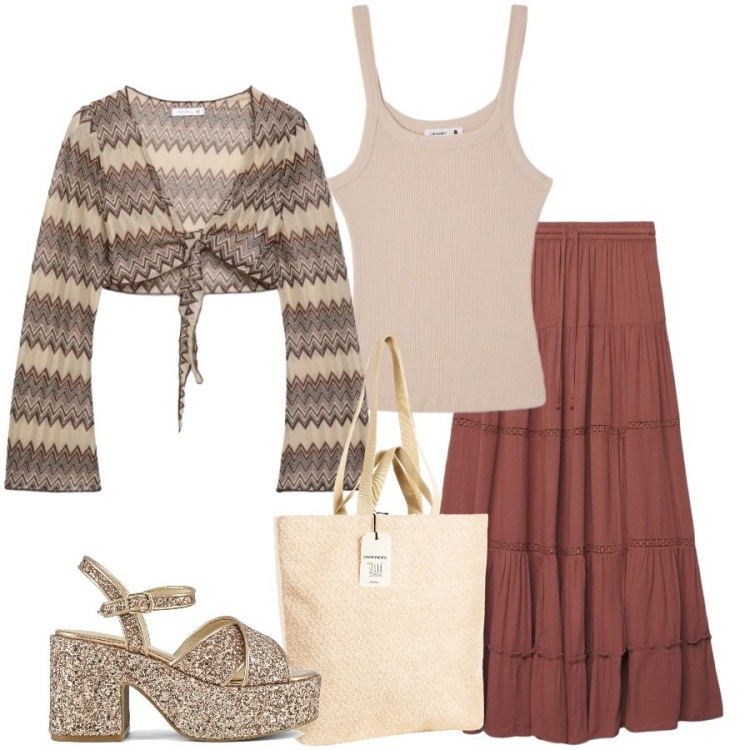 Outfit donna - Total look #2405651. Stile Casual chic per Tutti i giorni. Abbinamento con gonne lunghe, canottiere, blazer, borse tote, sandali.