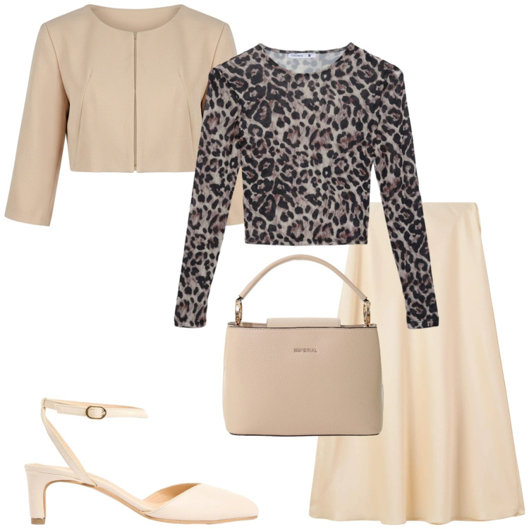 Outfit donna - Total look #2405657. Stile Chic per Serata fuori. Abbinamento con décolleté, gonne lunghe, t-shirt, bolero, borse a secchiello.