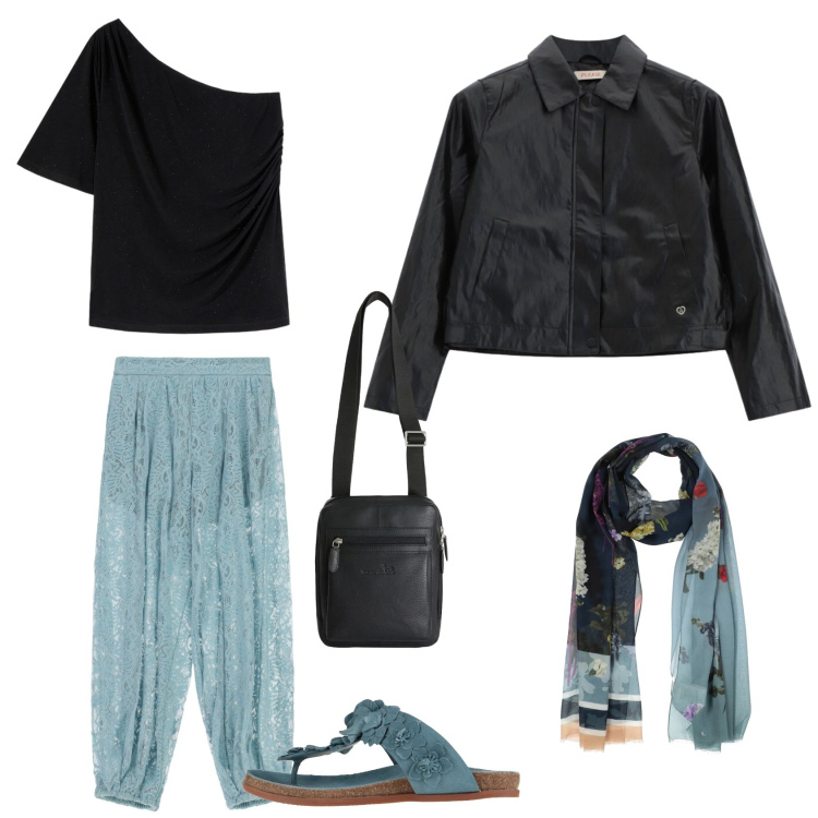 Outfit donna - Namastè. Abbinamento con sciarpe, infradito, borse a tracolla, pantaloni a palazzo, blazer, t-shirt.