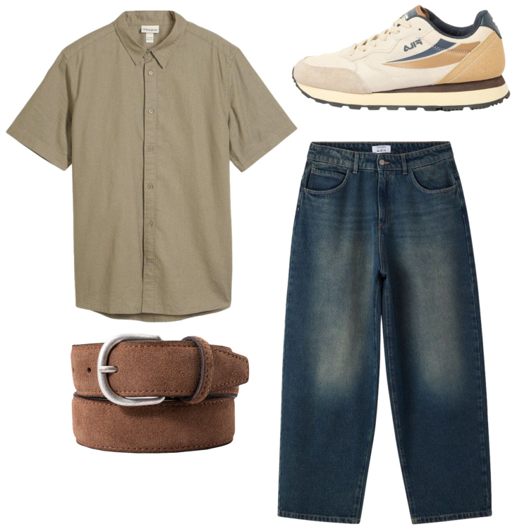 Outfit uomo - Total look. Stile Casual per Tutti i giorni. Abbinamento con sneakers, camicie a manica corta, jeans, cinture.