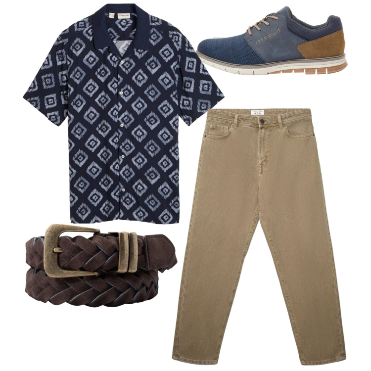 Outfit uomo - Total look. Stile Casual per Tutti i giorni. Abbinamento con scarpe stringate, camicie a manica corta, jeans, cinture.