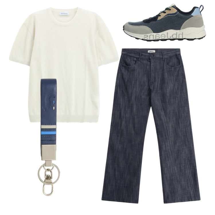 Outfit uomo - Total look. Stile Casual per Tutti i giorni. Abbinamento con jeans, t-shirt, portachiavi, sneakers.