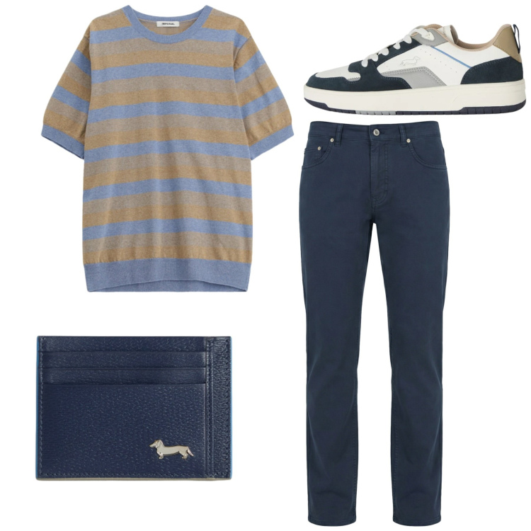 Outfit uomo - Total look. Stile Casual per Tutti i giorni. Abbinamento con maglieria, portafogli, pantaloni, sneakers.