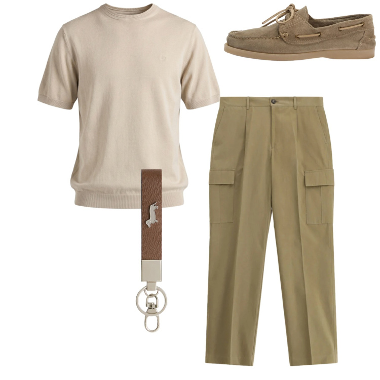 Outfit uomo - Total look. Stile Casual per Tutti i giorni. Abbinamento con pantaloni cargo, portachiavi, scarpe stringate, t-shirt.