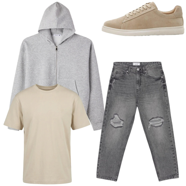 Outfit uomo - Total sunday. Stile Urban per Tutti i giorni. Abbinamento con sneakers, jeans strappati, felpe con cappuccio, t-shirt.