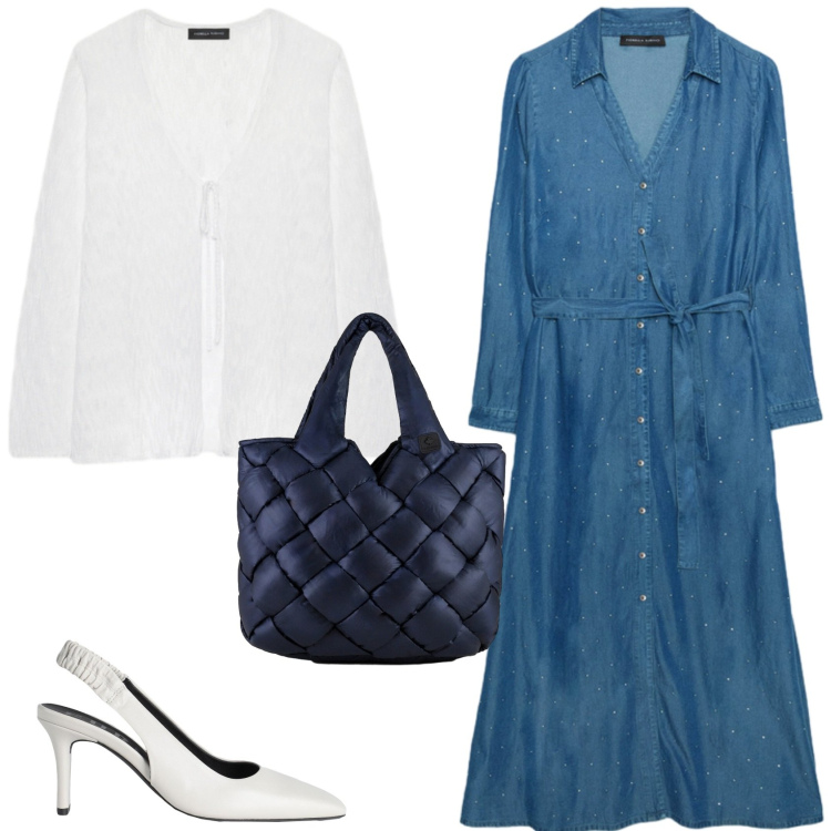 Outfit donna - Vestito in denim con punti- luce. Stile Glamour per Tutti i giorni. Abbinamento con décolleté, cardigans, vestiti lunghi, borse tote.