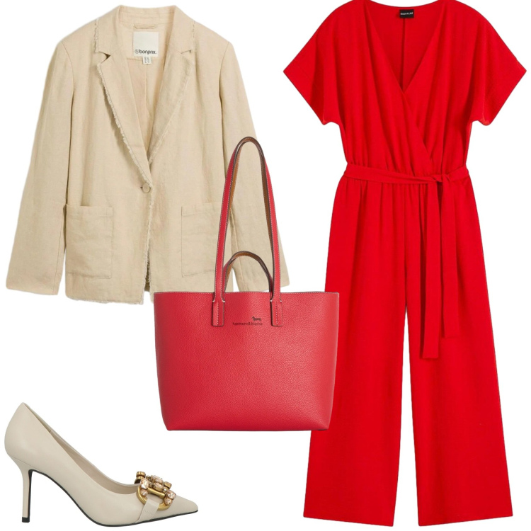 Outfit donna - Il colore rosso protagonista. Stile Glamour per Serata fuori. Abbinamento con décolleté, blazer, tute, shopping bag.