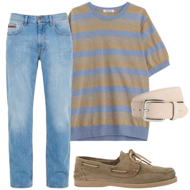 Outfit uomo - Tschirt in maglia. Stile Casual per Tutti i giorni. Abbinamento con maglieria, jeans, scarpe stringate, cinture.