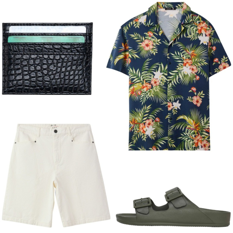 Outfit uomo - Vacanze. Stile Casual per Mare. Abbinamento con camicie a manica corta, bermuda, sandali, portafogli.