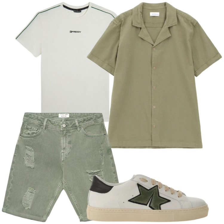 Outfit uomo - Serate estive. Stile Trendy per Serata speciale. Abbinamento con bermuda, camicie a manica corta, sneakers, t-shirt.