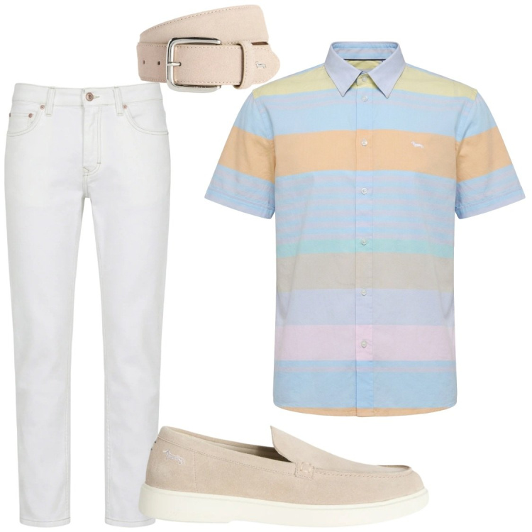 Outfit uomo - Che bei colori. Stile Trendy per Ufficio. Abbinamento con camicie a manica corta, jeans, cinture, scarpe stringate.
