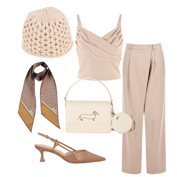Outfit donna - Maggio. Stile Glamour per Tutti i giorni. Abbinamento con décolleté, sciarpe, cappelli, canottiere, pantaloni a palazzo, borse a tracolla.