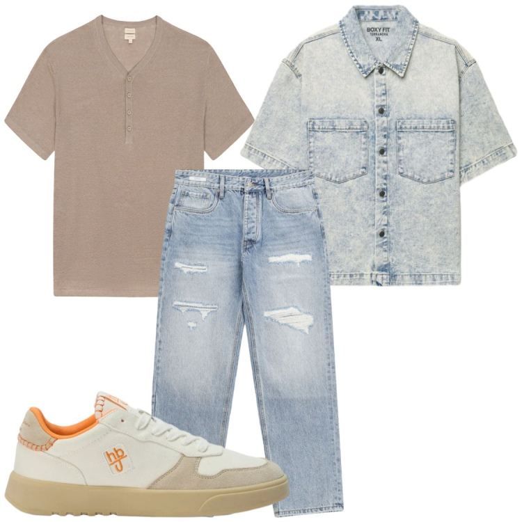 Outfit uomo - Giacca camicia. Stile Trendy per Tutti i giorni. Abbinamento con camicie a manica corta, jeans strappati, sneakers, t-shirt.