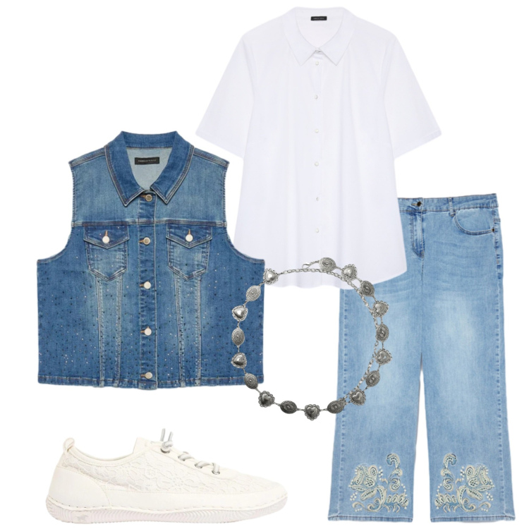 Outfit donna - Casual a maggio. Stile Casual per Tutti i giorni. Abbinamento con sneakers, cinture, jeans, gilet, camicie a manica corta.