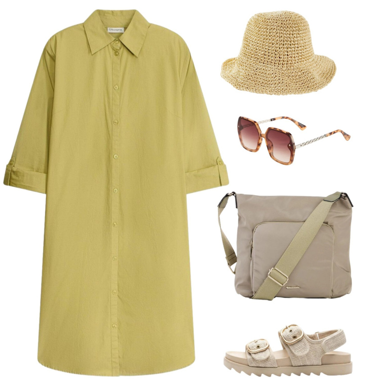 Outfit donna - All\' agriturismo. Stile Casual per Tutti i giorni. Abbinamento con vestiti chemisier, sandali, cappelli, occhiali da sole, borse a tracolla.