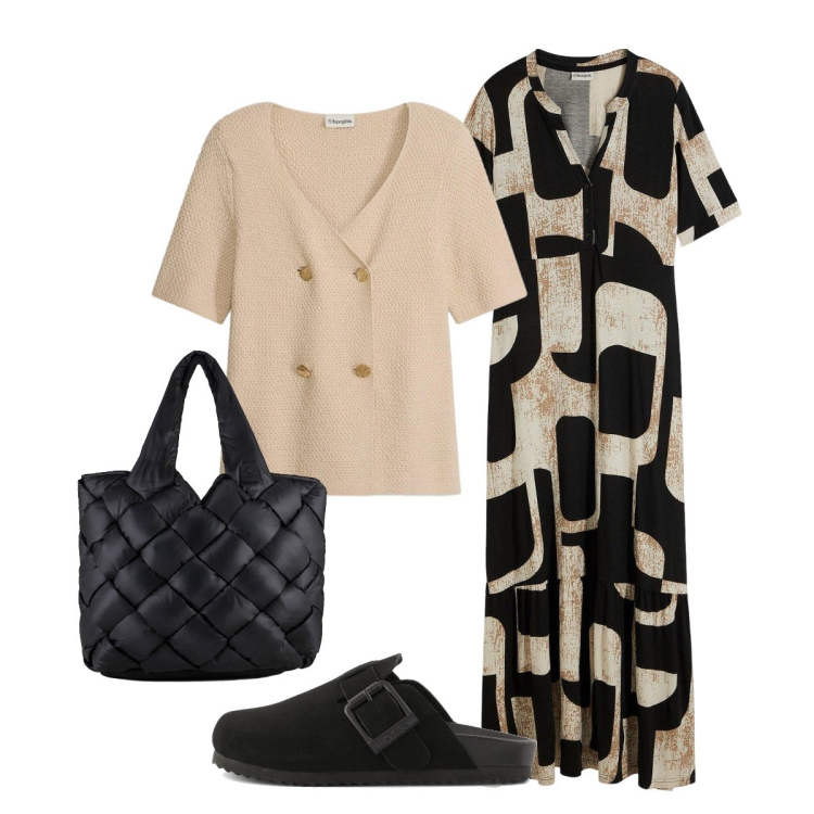 Outfit donna - In ufficio. Stile Bon Ton per Ufficio. Abbinamento con cardigans, vestiti lunghi, borse tote, sabot.