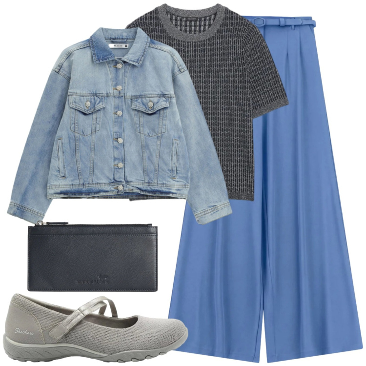 Outfit donna - Pomeriggio di libertà. Stile Casual per Tutti i giorni. Abbinamento con ballerine, pantaloni a palazzo, portafogli, blazer, maglieria.
