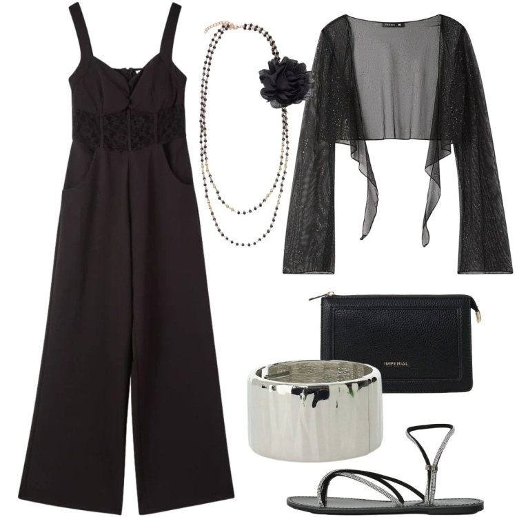 Outfit donna - Total look #2405812. Stile Glamour per Serata fuori. Abbinamento con tute, blazer, sandali, borse a tracolla, braccialetti, collane.
