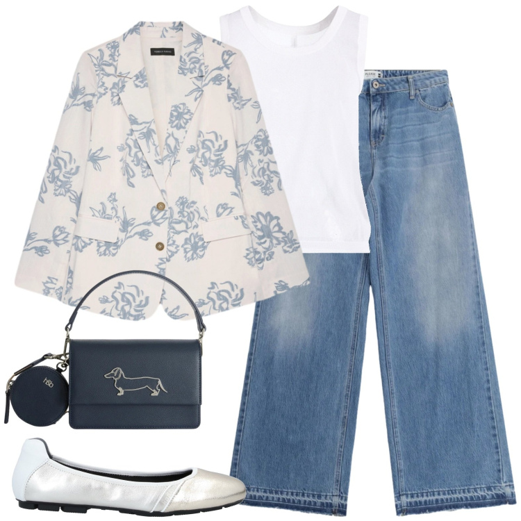 Outfit donna - Ufficio a Maggio. Stile Casual chic per Ufficio. Abbinamento con ballerine, top, borse a tracolla, jeans, blazer.